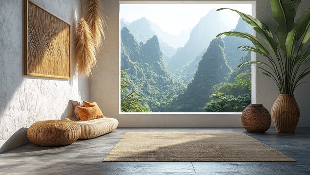 Promotional background featuring an empty white wall mockup in a boho entryway, enhanced with wicker home decor and natural daylight from a window