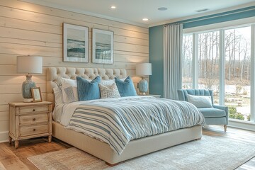 Interior design, bedroom decor and home improvement, country cottage style furniture, bed, bedding and textiles with blue accents, generative ai