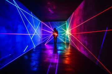 Silhouette solitaire au milieu des rayons laser dans la nuit