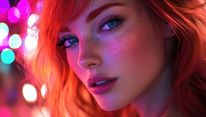 Close-up of a woman with red hair and blue eyes in a night club, with pink lighting and colorful lights in the background, creating a bokeh effect and a blurred background.