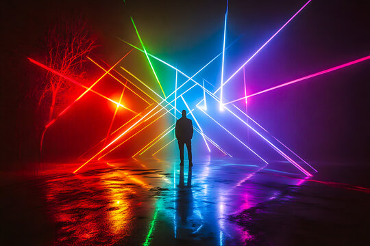 Silhouette solitaire au milieu des rayons laser dans la nuit