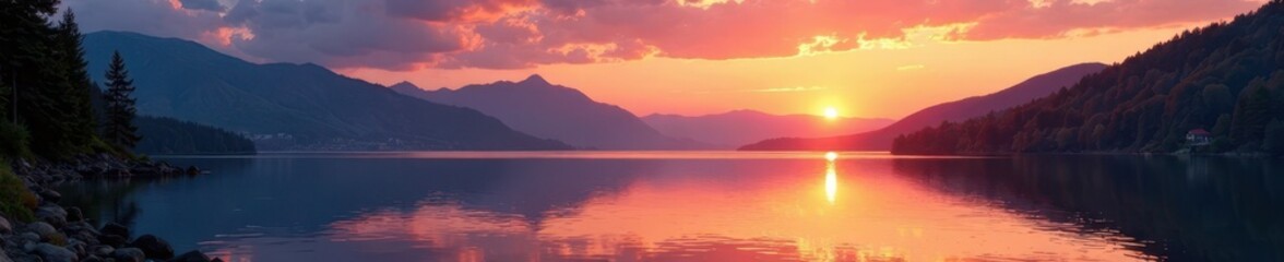 Obraz premium Sunset over lake water with surrounding mountains and trees, beautiful landscape, serene landscape,