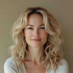Naklejka premium closeup minimalistic portrait of blonde softly smiling woman is 35 years old with curly hair on beige background, authentic
