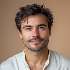 Fototapeta premium portrait of brunette softly smiling man is 40 years old on beige background