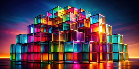 Abstract double exposure: stacked cubes, geometric forms.
