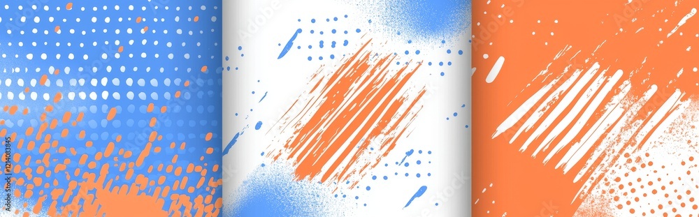 Poster seamless pattern set with hand-painted abstract elements such as dots, spots, dashes, and lines.