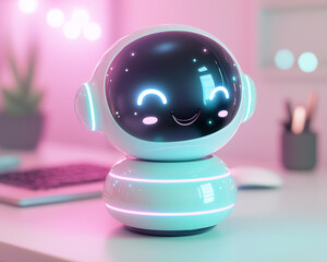 Cartoon AI Device with Happy Face - Neon Glow Smart Gadget - Cute Home Assistant Decor