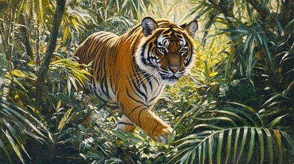Tiger leaping through a jungle with dappled sunlight, rendered in a textured, painterly style with dynamic brushstrokes, emphasizing the power and agility of the animal. 
