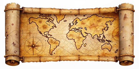 AI-generated treasure map, isolated, scroll, photorealistic.