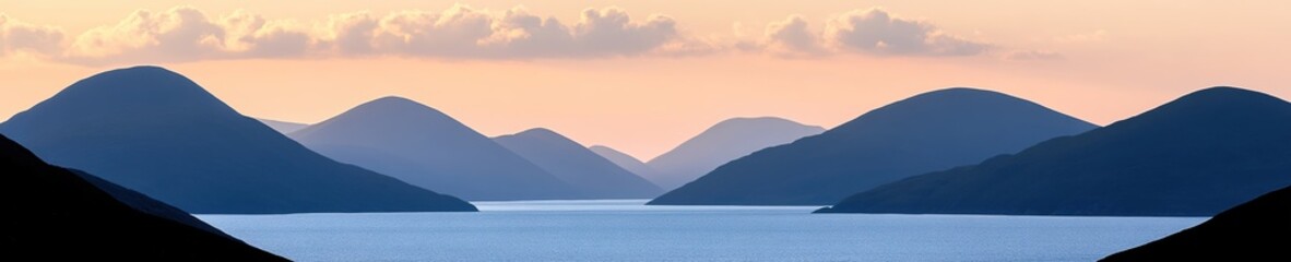 Serene mountain range view with calm water and soft clouds at dusk in a minimalist style