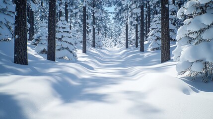 Serene Winter Forest Path: Sunlight Dappled Snow and Majestic Pine Trees