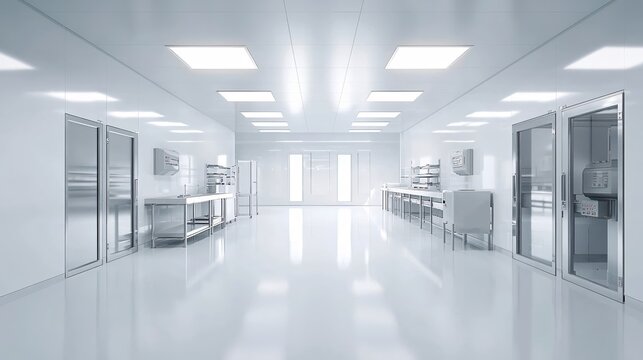 Clean white laboratory with stainless steel tables and doors in a bright modern space