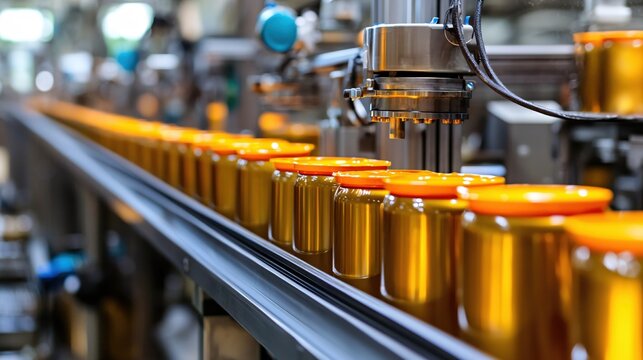 Jars with golden liquid on conveyor belt in automated food production line industrial setting