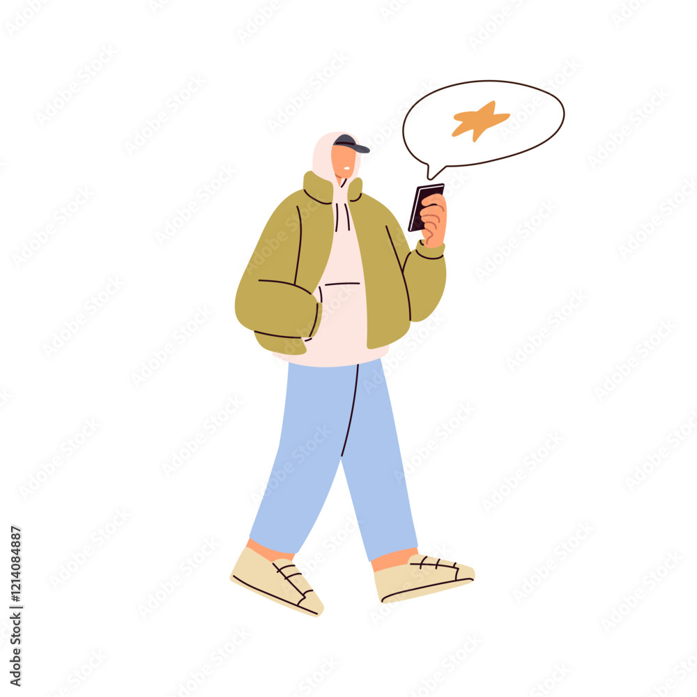 Poster man walking and using smartphone. male character holding mobile phone, cellphone in hand, reading me
