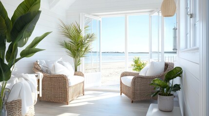 Fototapeta premium Bright Beach House Interior with Ocean View