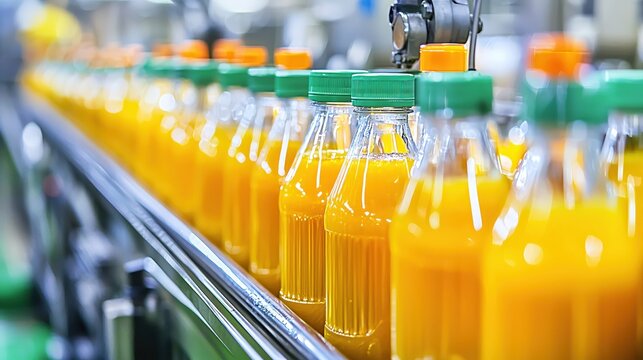Orange juice bottles on conveyor belt in factory automated process of production line