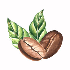 Roasted coffee beans with green leaves. Watercolor composition, hand drawn illustrations isolated. Ingredients for aromatic morning drink. Clipart of Arabica grains. Template for postcard, pakaging.