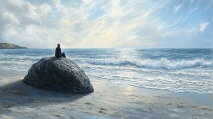 Person sits on dark rock by ocean beach.