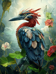 Obraz premium Vibrant exotic bird with red and blue feathers perched among tropical flowers and foliage, concept of wildlife beauty, nature diversity, and colorful paradise, detailed fantasy artwork 