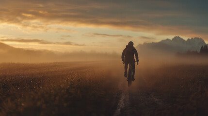 Fototapeta premium cyclist rides on misty road at sunset, surrounded by mountains and nature beauty