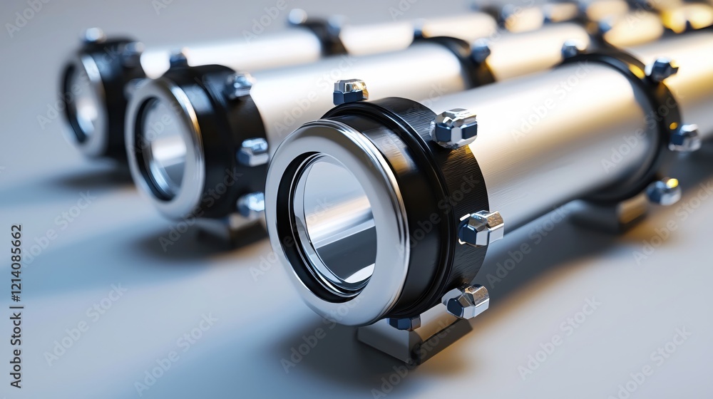 Poster metal cylinders with bolts on a gray surface in a row with a shallow depth of field