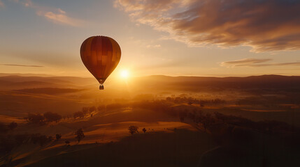 Obraz premium hot air balloon floats gracefully over serene landscape at sunset, creating breathtaking view