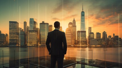 Naklejka na ściany i meble Businessman overlooks city skyline at sunset.