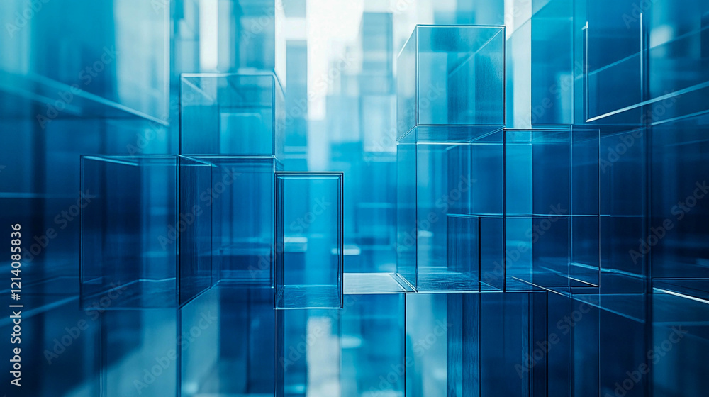 Aufkleber there are many transparent blue cubes of various sizes, arranged in a chaotic but organic order. the