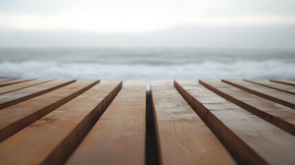 Wooden planks lead to a blurry ocean view