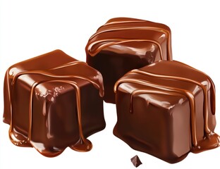 Obraz premium Creamy caramel drizzle over three milk chocolate cubes, isolated on a white background.