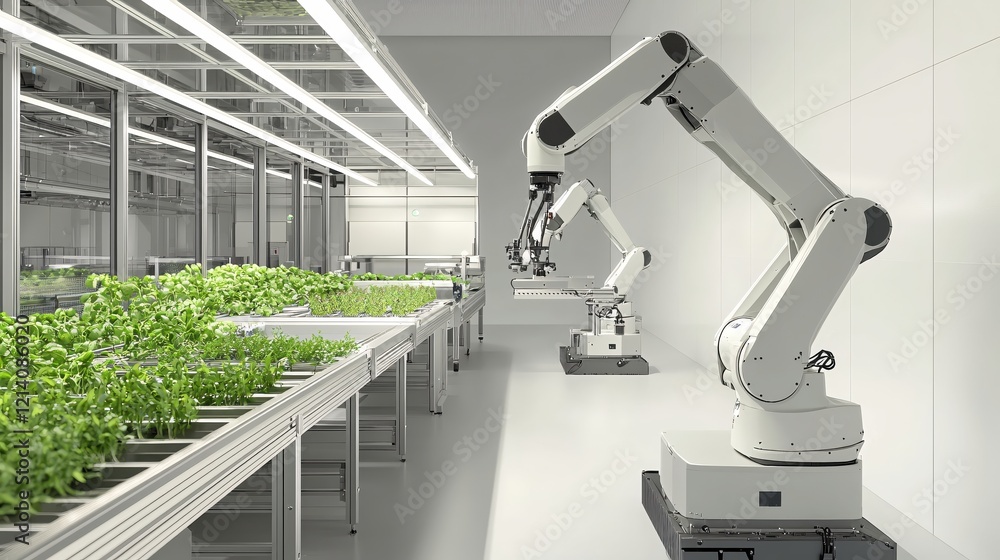 Poster automated vertical farm with robotic arms tending to rows of green plants in a modern space