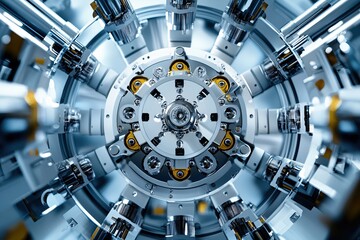 Complex metallic mechanism with circular design and intricate silver and gold components