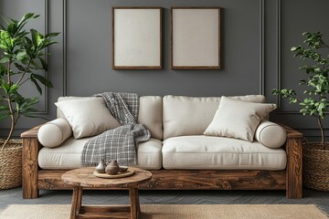 In a stylishly designed living room, a gray sofa is paired with a wooden coffee table, elegant pillows, thick blankets, a rattan lamp, cube flowers, a basket, and various sophisticated accessories.