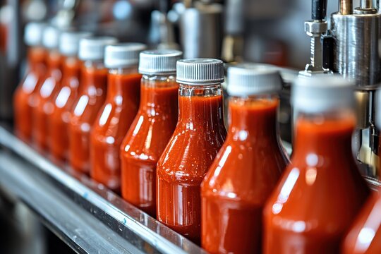 Red sauce bottles on conveyor belt in food factory production line with industrial machinery