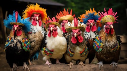 Colorful roosters with vibrant hats smiling together.