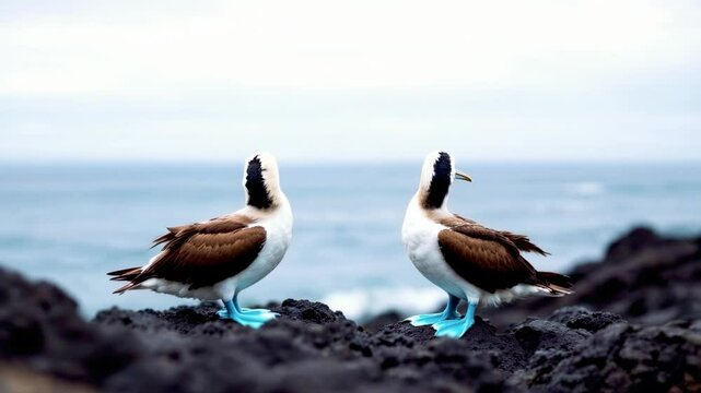 Two Blue-Footed Booby Birds Perched on Rocky Shoreline Facing Each Other