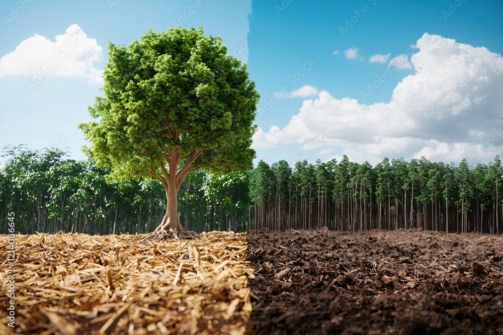 Poster split landscape showing a single tree and a forest with contrasting soil and sky colors