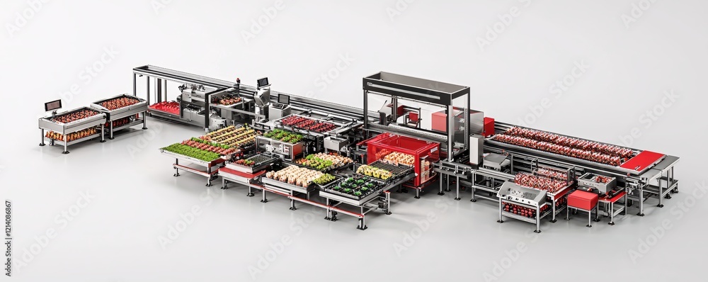 Poster automated food processing line with fresh produce and red containers on a white background
