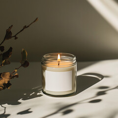 Clear glass jar candle mockup, scented candle jar with blank white label, styled interior candle design template