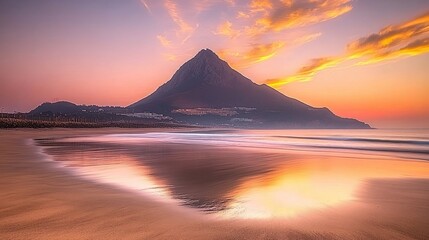 Mountain peak at sunset with orange and pink sky reflecting on wet sand of a beach