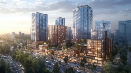 Naklejka premium Modern Cityscape: Towers & Plaza at Dusk