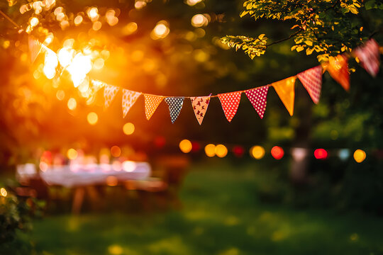 Jardin d&eacute;cor&eacute; avec fanions et guirlandes pour f&ecirc;te en soir&eacute;e