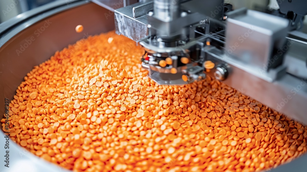 Poster orange disc shaped pieces falling from a machine into a large container in a factory