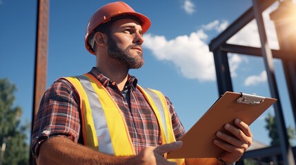 Construction worker with beard wearing hard hat and safety vest holding clipboard on site