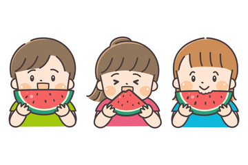 スイカを食べる3人のかわいい子供たち