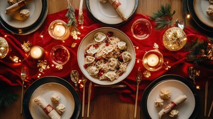 Festive Dinner Table Setting with Dumplings, Candles, and Warm Red Hues Ready For A Celebratory Meal