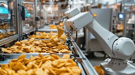Robotic arm handling food on conveyor belt in automated production line industrial setting