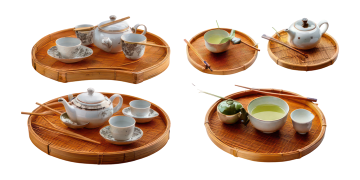 Elegant Tea Set Arrangement on Bamboo Trays,PNG set collection, isolated on transparent background