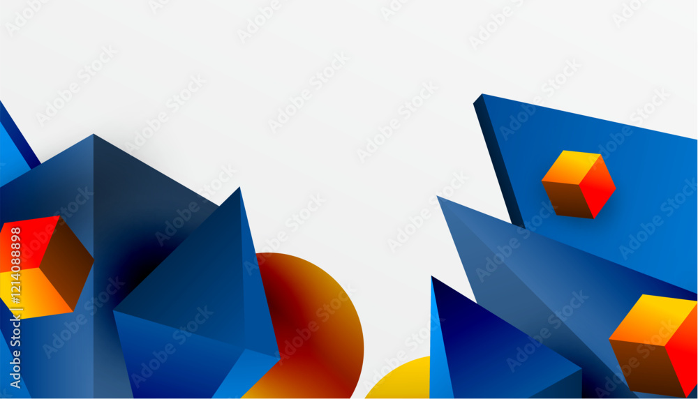 Poster Abstract design showcasing isometric cubes, pyramids, squares, and spheres in a vibrant 3D layout. Modern and dynamic, perfect for tech, design, or futuristic themes
