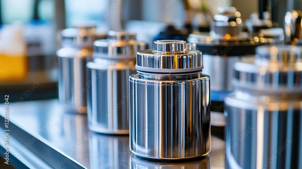 Poster shiny metal containers arranged in a row on a reflective surface in a laboratory setting